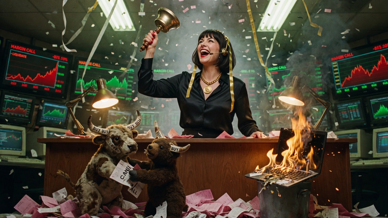 Callie Margin ringing a brass bell while a stuffed bull and bear fight and a laptop burns