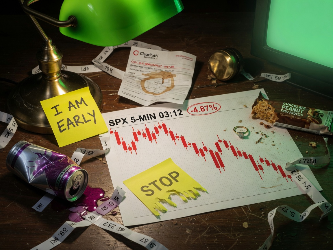 A ruined 3 a.m. desk: I AM EARLY, a torn STOP, a red chart, a diamond ring on a margin call